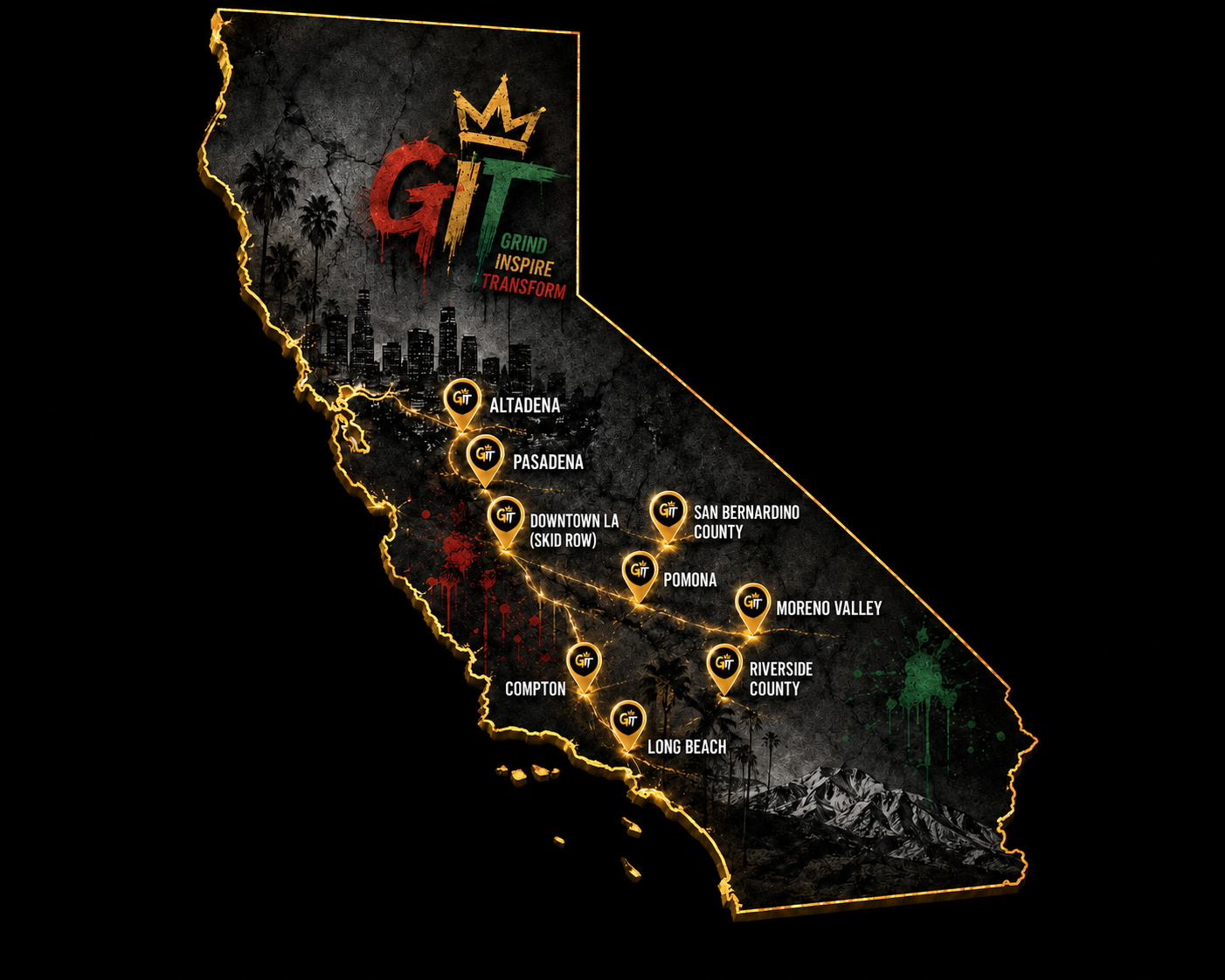 Get It Together impact map of California showing all communities served — Compton, Long Beach, Altadena, Pasadena, Downtown LA, Leimert Park, Moreno Valley, Riverside County