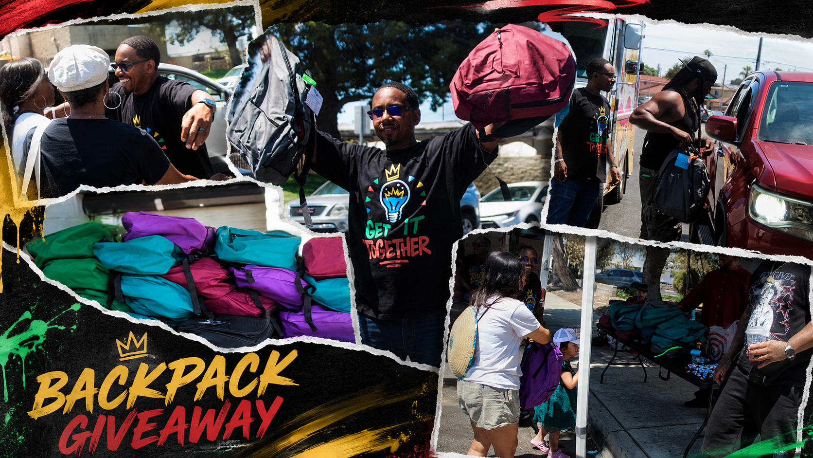 Get It Together backpack giveaway collage — community event at Burrell Mac Donald Park, Compton